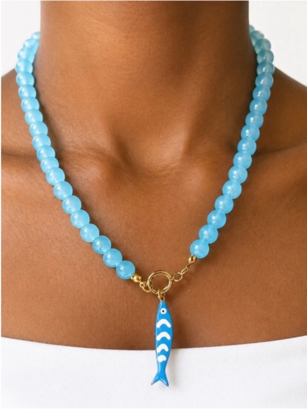 New! Coastal Blue Fish Charm Beaded Dopamine Necklace (4011) NWOT